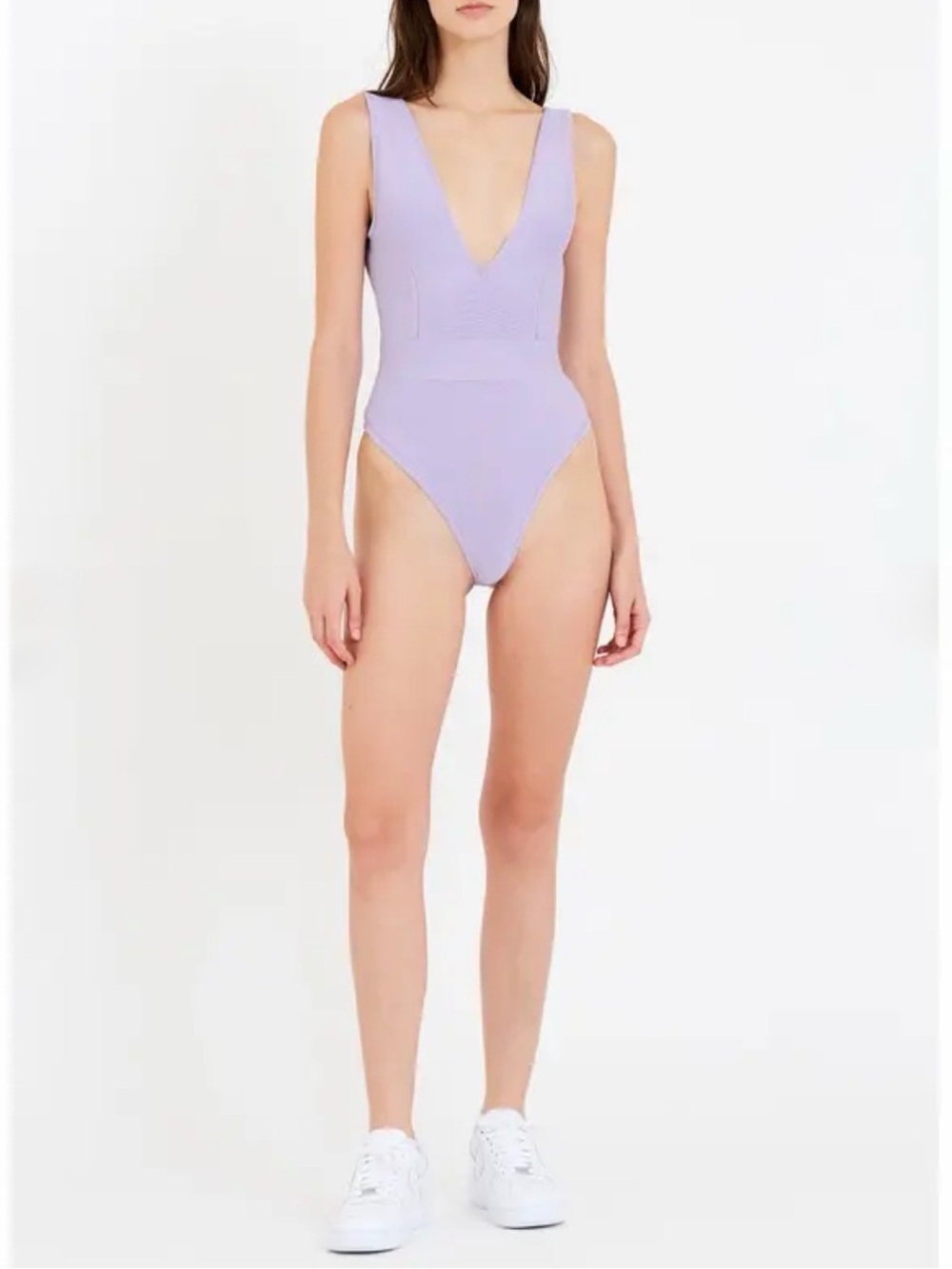 NWT Herve Leger Lilac Ribbed Knit Plunge V Neck Sculpting Bodysuit XS